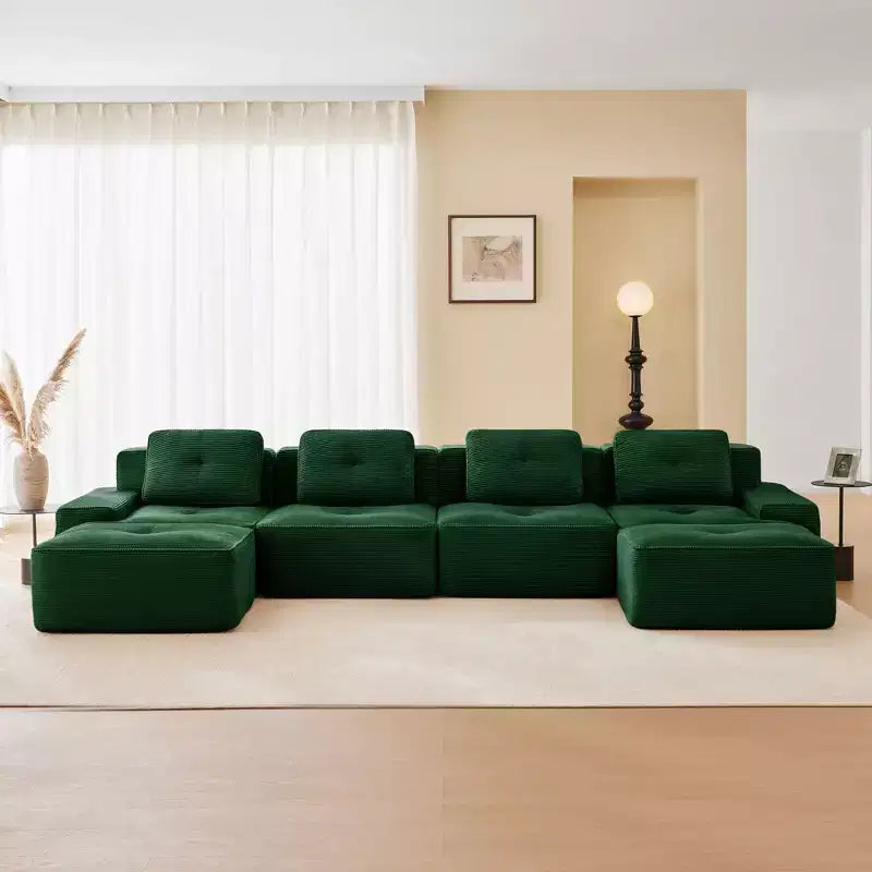 153 Canapé sectionnel modulaire moderne en U pour salon, tissu velours côtelé, canapé 4 places avec assise profonde et 2 poufs mobiles, couleur camel