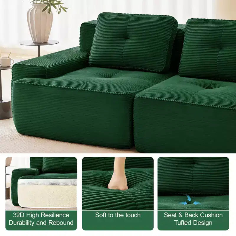 153 Canapé sectionnel modulaire moderne en U pour salon, tissu velours côtelé, canapé 4 places avec assise profonde et 2 poufs mobiles, couleur camel