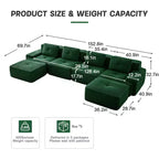 153 Canapé sectionnel modulaire moderne en U pour salon, tissu velours côtelé, canapé 4 places avec assise profonde et 2 poufs mobiles, couleur camel