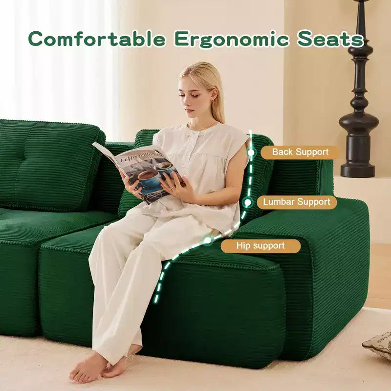 153 Canapé sectionnel modulaire moderne en U pour salon, tissu velours côtelé, canapé 4 places avec assise profonde et 2 poufs mobiles, couleur camel