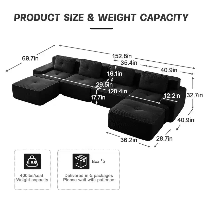 153 Canapé sectionnel modulaire moderne en U pour salon, tissu velours côtelé, canapé 4 places avec assise profonde et 2 poufs mobiles, couleur camel