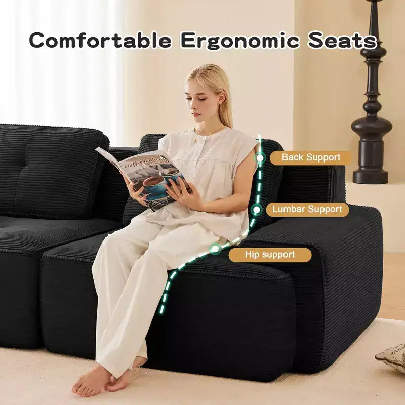 153 Canapé sectionnel modulaire moderne en U pour salon, tissu velours côtelé, canapé 4 places avec assise profonde et 2 poufs mobiles, couleur camel