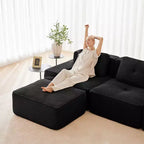 153 Canapé sectionnel modulaire moderne en U pour salon, tissu velours côtelé, canapé 4 places avec assise profonde et 2 poufs mobiles, couleur camel