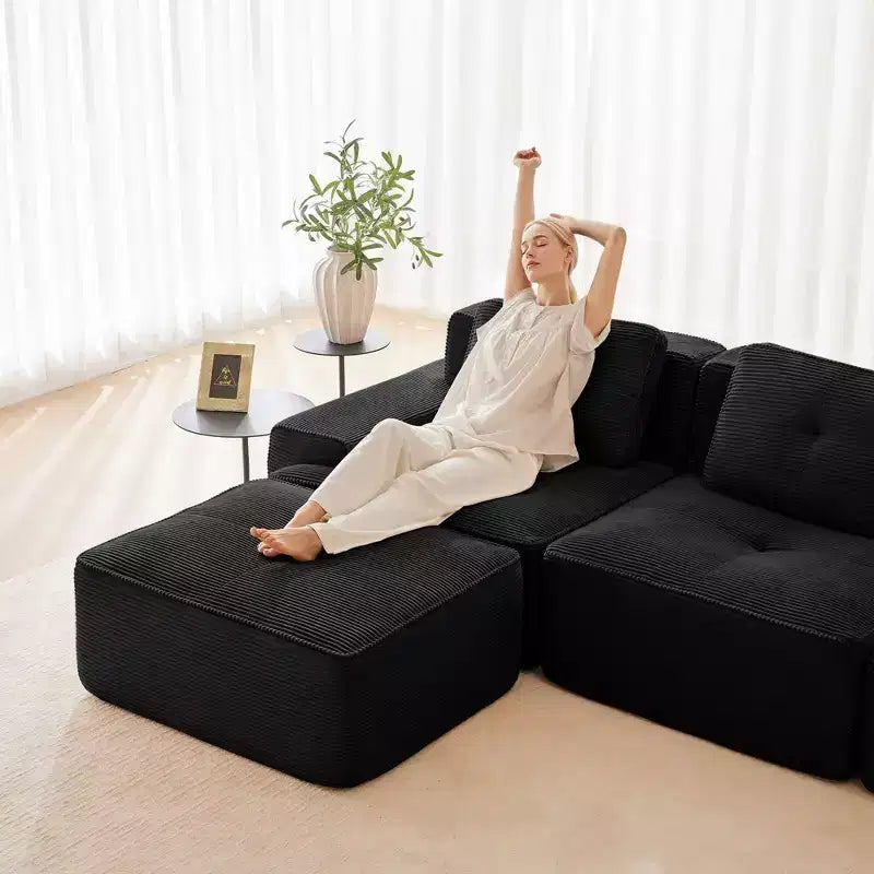 153 Canapé sectionnel modulaire moderne en U pour salon, tissu velours côtelé, canapé 4 places avec assise profonde et 2 poufs mobiles, couleur camel