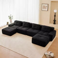 153 Canapé sectionnel modulaire moderne en U pour salon, tissu velours côtelé, canapé 4 places avec assise profonde et 2 poufs mobiles, couleur camel