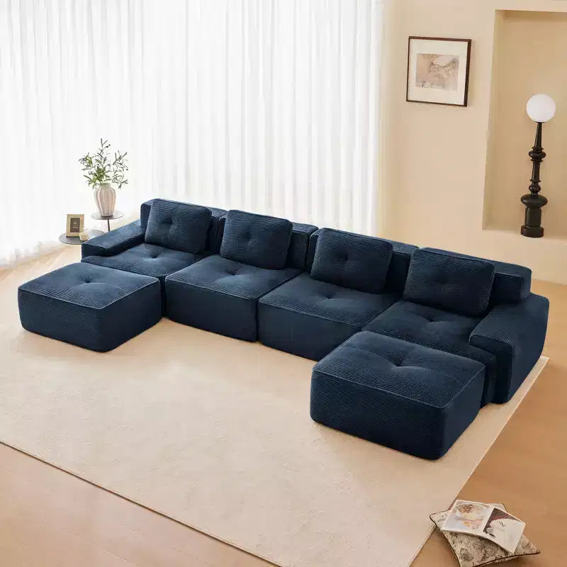 153 Canapé sectionnel modulaire moderne en U pour salon, tissu velours côtelé, canapé 4 places avec assise profonde et 2 poufs mobiles, couleur camel