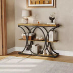 39 Table d'entrée industrielle, console 3 niveaux, table de canapé avec cadre en métal circulaire, table d'appoint avec étagères de rangement en bois, pour salon