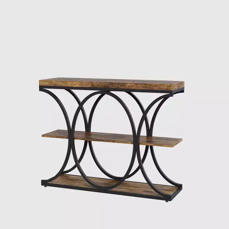 39 Table d'entrée industrielle, console 3 niveaux, table de canapé avec cadre en métal circulaire, table d'appoint avec étagères de rangement en bois, pour salon