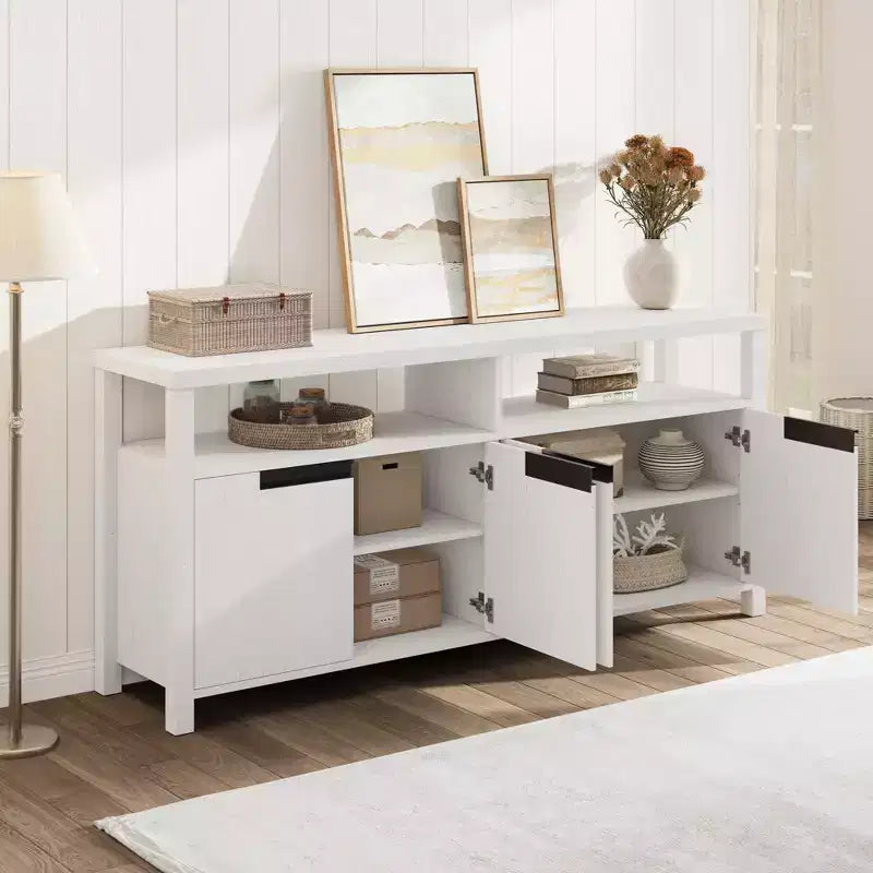 Meuble TV de ferme pour téléviseur de 70 pouces, meuble de divertissement de 160 cm de long avec rangement et étagère ouverte, grand meuble TV, table console média moderne et haute.