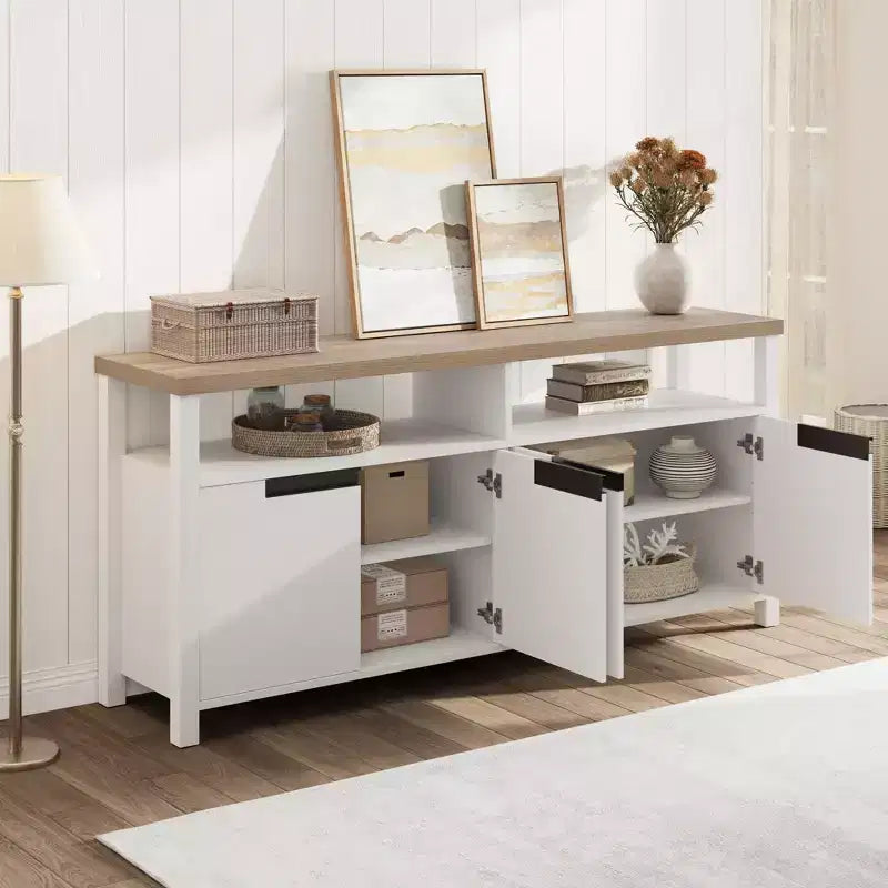Meuble TV de ferme pour téléviseur de 70 pouces, meuble de divertissement de 160 cm de long avec rangement et étagère ouverte, grand meuble TV, table console média moderne et haute.