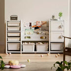 Whisen Meuble de Rangement pour Jouets pour Enfants, 8 Bacs de Rangement pour Jouets, 4 Niveaux de Rangement pour Livres et 2 Meubles de Rangement - Gris et Ivoire