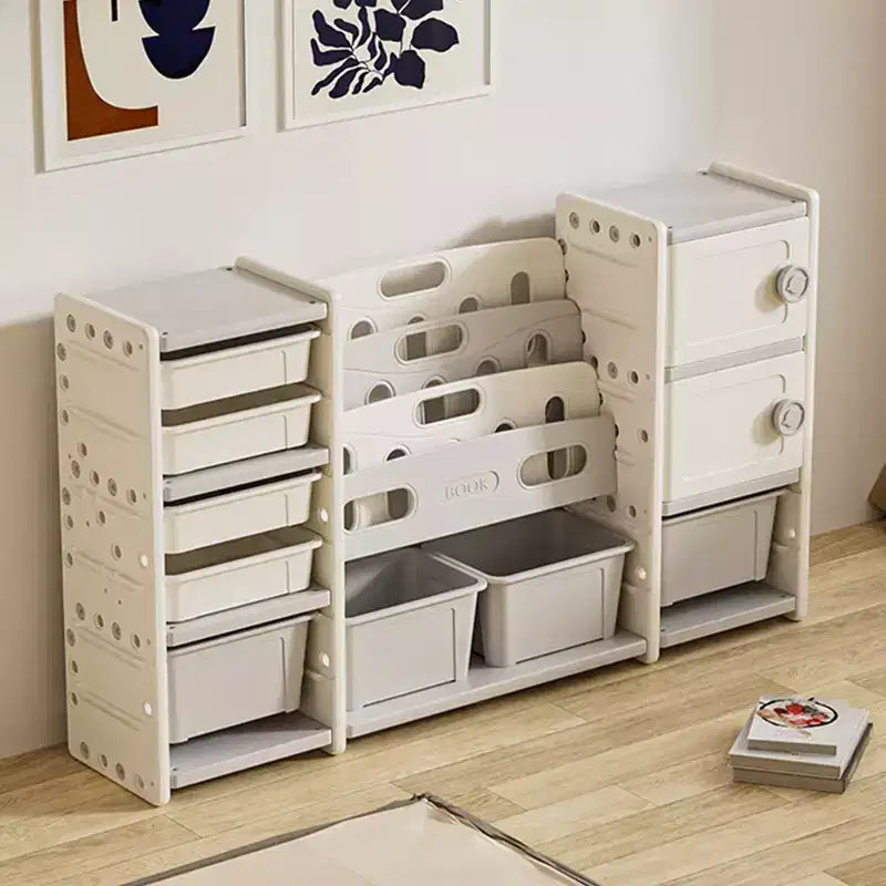 Whisen Meuble de Rangement pour Jouets pour Enfants, 8 Bacs de Rangement pour Jouets, 4 Niveaux de Rangement pour Livres et 2 Meubles de Rangement - Gris et Ivoire