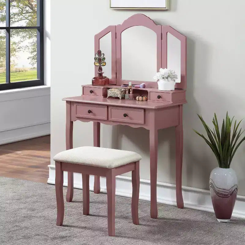 Coiffeuse et tabouret en bois Sanlo, Or rose