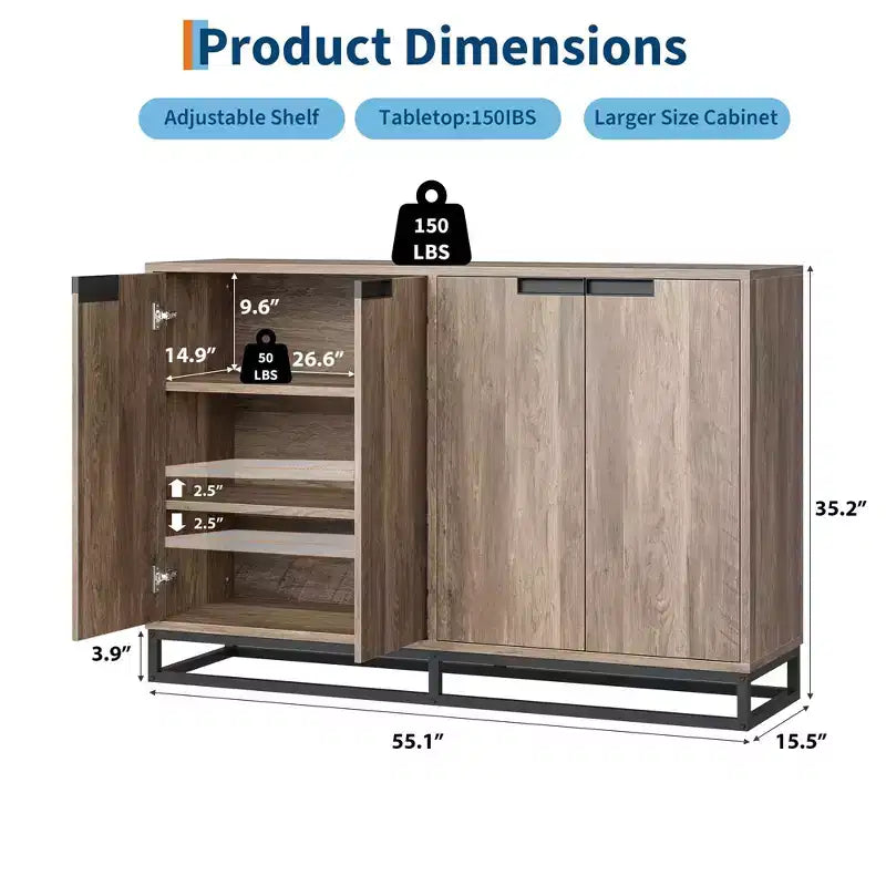 Bahut-Crédence Moderne de 55" avec 4 Portes et Base Métallique, Étagères Réglables - Meuble Bar d'Appoint pour Salle à Manger