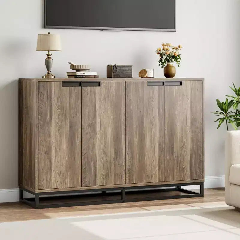 Bahut-Crédence Moderne de 55" avec 4 Portes et Base Métallique, Étagères Réglables - Meuble Bar d'Appoint pour Salle à Manger