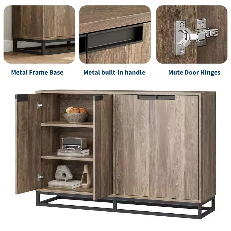 Bahut-Crédence Moderne de 55" avec 4 Portes et Base Métallique, Étagères Réglables - Meuble Bar d'Appoint pour Salle à Manger