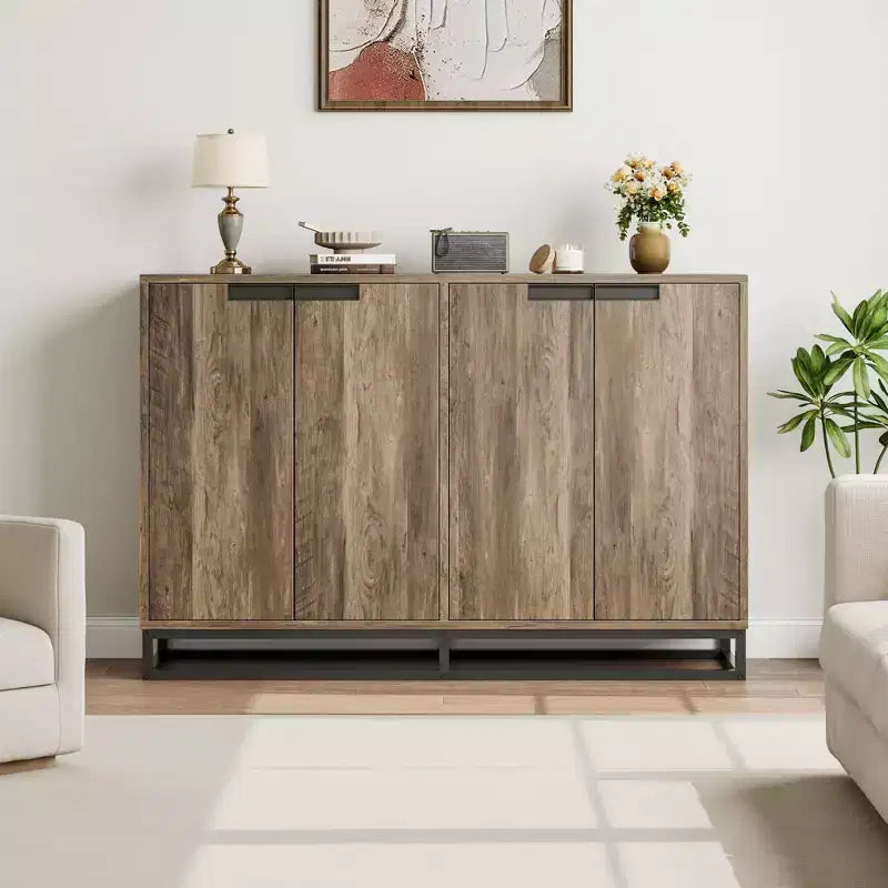 Bahut-Crédence Moderne de 55" avec 4 Portes et Base Métallique, Étagères Réglables - Meuble Bar d'Appoint pour Salle à Manger