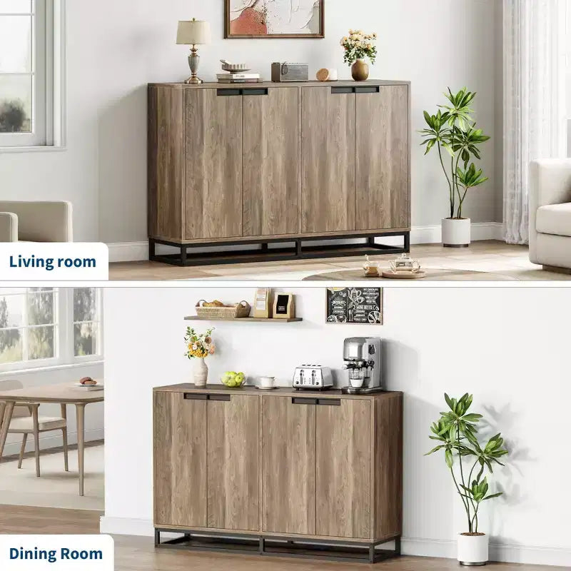 Bahut-Crédence Moderne de 55" avec 4 Portes et Base Métallique, Étagères Réglables - Meuble Bar d'Appoint pour Salle à Manger
