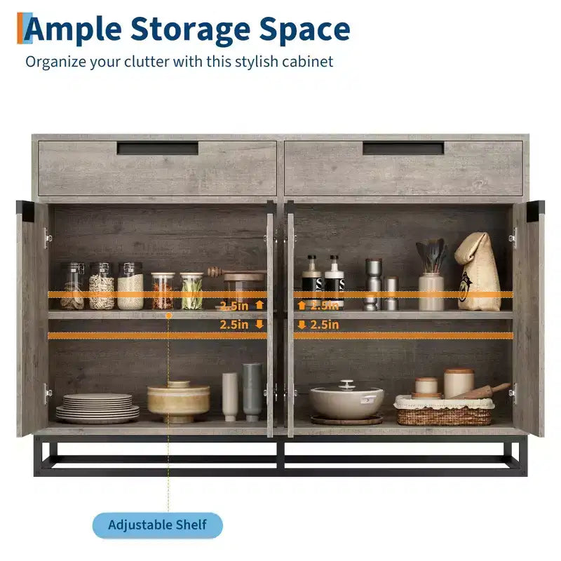 Bahut-Crédence Moderne de 55" avec 4 Portes et Base Métallique, Étagères Réglables - Meuble Bar d'Appoint pour Salle à Manger