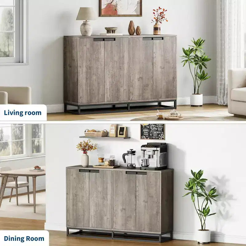Bahut-Crédence Moderne de 55" avec 4 Portes et Base Métallique, Étagères Réglables - Meuble Bar d'Appoint pour Salle à Manger