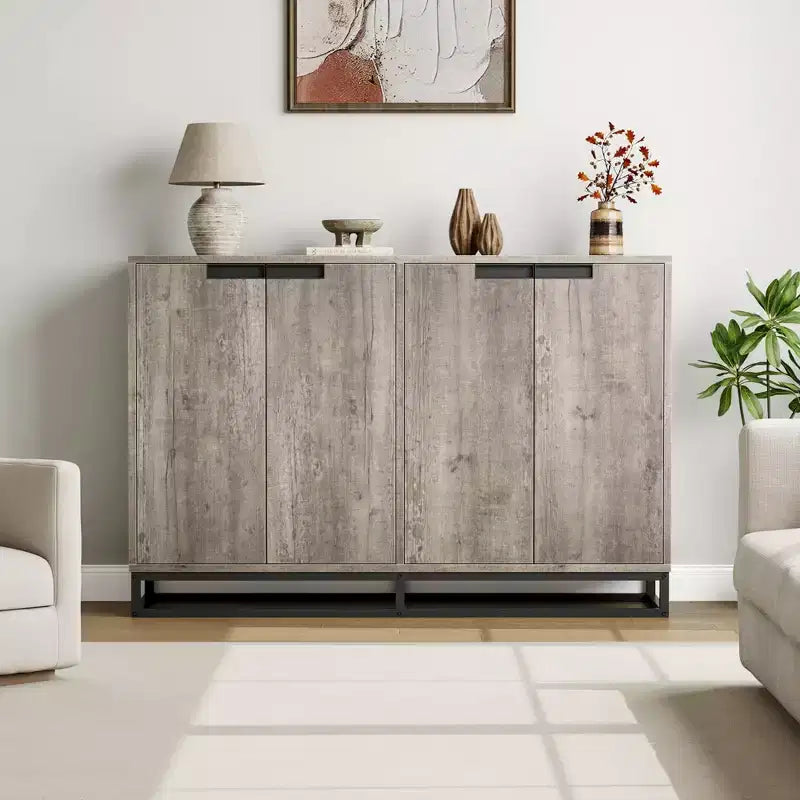 Bahut-Crédence Moderne de 55" avec 4 Portes et Base Métallique, Étagères Réglables - Meuble Bar d'Appoint pour Salle à Manger