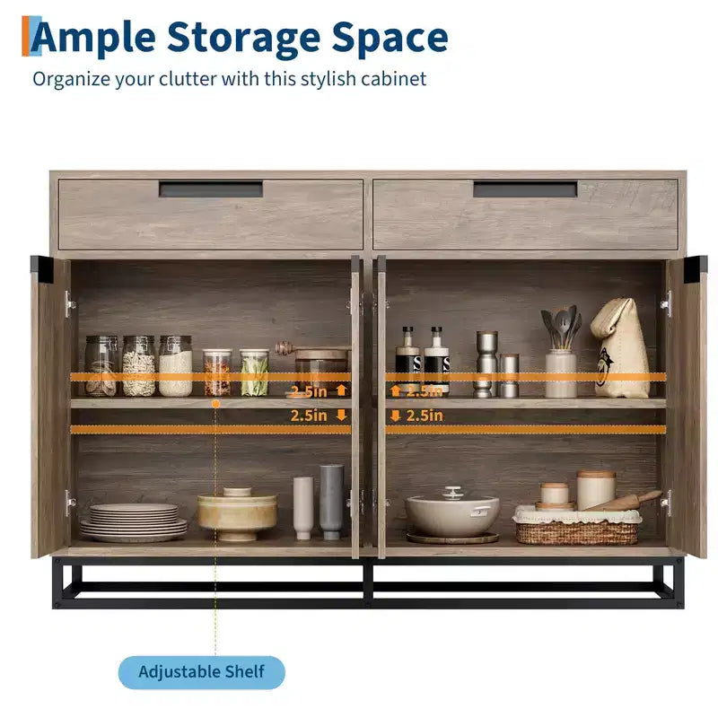 Bahut-Crédence Moderne de 55" avec 4 Portes et Base Métallique, Étagères Réglables - Meuble Bar d'Appoint pour Salle à Manger