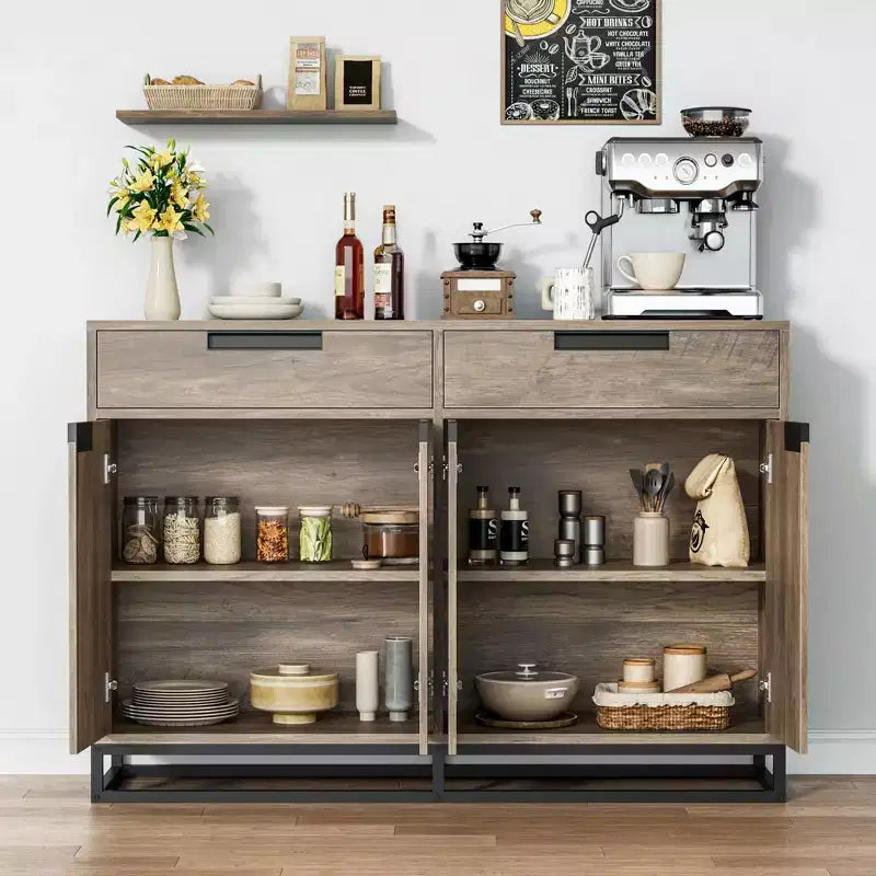 Bahut-Crédence Moderne de 55" avec 4 Portes et Base Métallique, Étagères Réglables - Meuble Bar d'Appoint pour Salle à Manger