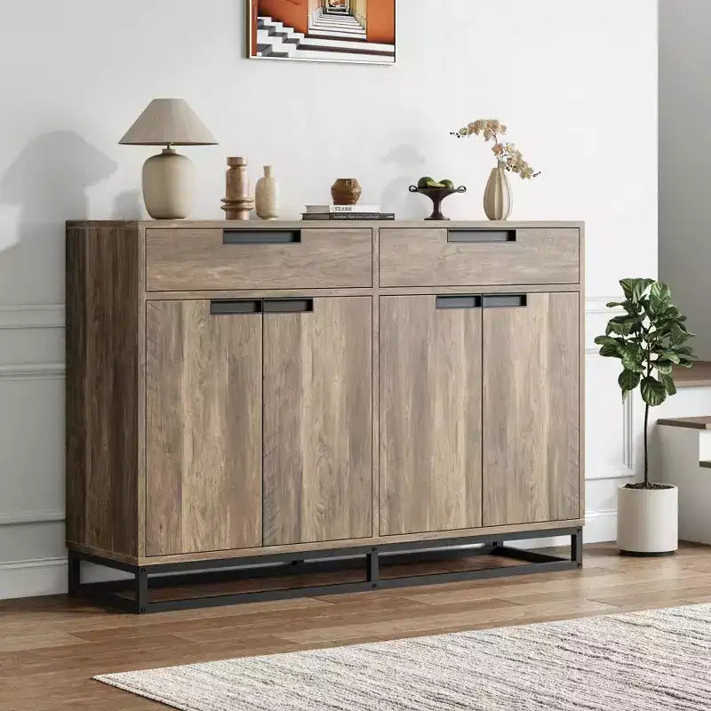 Bahut-Crédence Moderne de 55" avec 4 Portes et Base Métallique, Étagères Réglables - Meuble Bar d'Appoint pour Salle à Manger