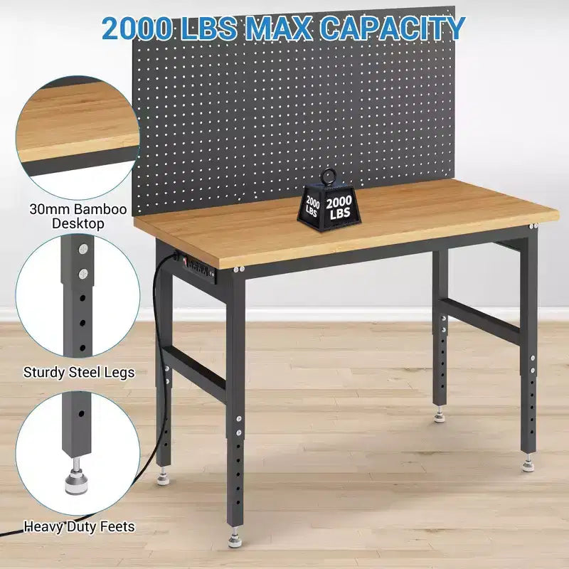 Établi en bambou et bois, console d'entrée, table basse, meuble de rangement, établi en bois de 48x24 pouces, établi de garage, établi robuste