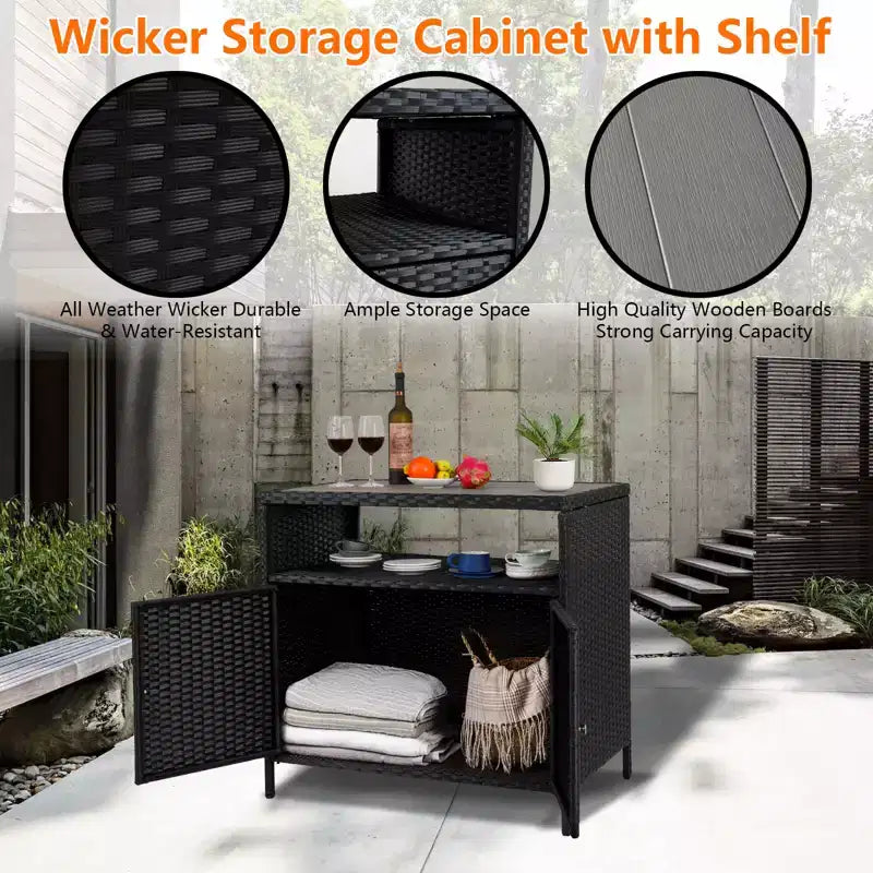 Meuble de Rangement d'Extérieur en Osier avec Étagères, Table de Bar Double Porte en Osier Imperméable Idéale pour les Patios, Bords de Piscine et Jardins