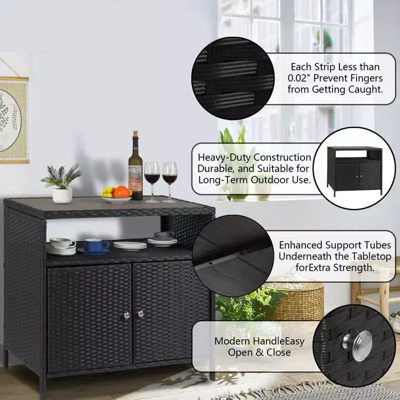 Meuble de Rangement d'Extérieur en Osier avec Étagères, Table de Bar Double Porte en Osier Imperméable Idéale pour les Patios, Bords de Piscine et Jardins