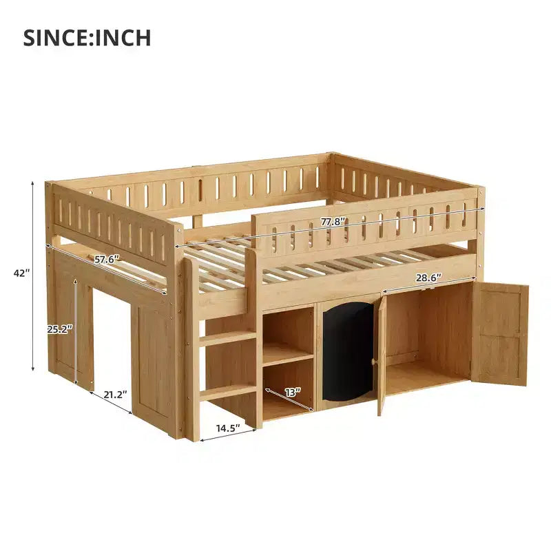Lit mezzanine Whisen de taille standard avec armoire de rangement et tableau noir, peu encombrant et élégant