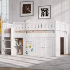 Lit mezzanine Whisen de taille standard avec armoire de rangement et tableau noir, peu encombrant et élégant