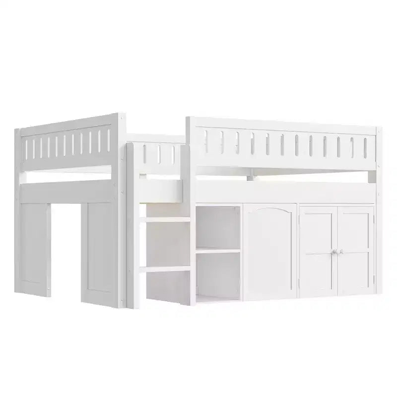 Lit mezzanine Whisen de taille standard avec armoire de rangement et tableau noir, peu encombrant et élégant