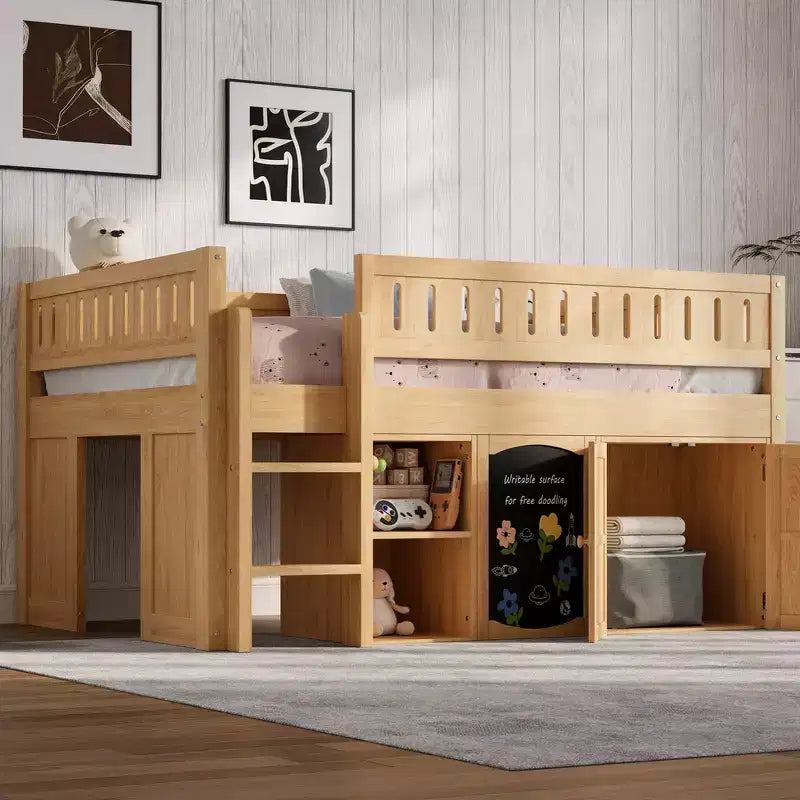 Lit mezzanine Whisen de taille standard avec armoire de rangement et tableau noir, peu encombrant et élégant