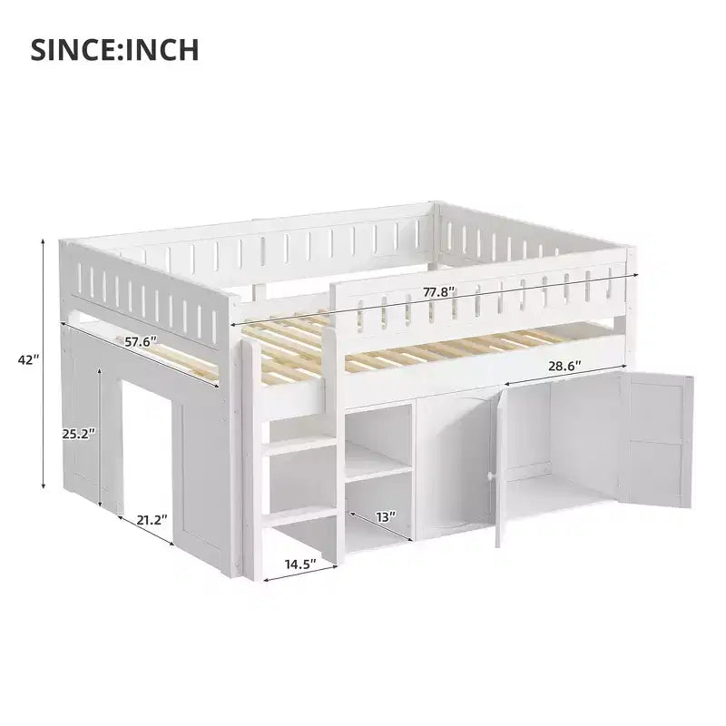 Lit mezzanine Whisen de taille standard avec armoire de rangement et tableau noir, peu encombrant et élégant