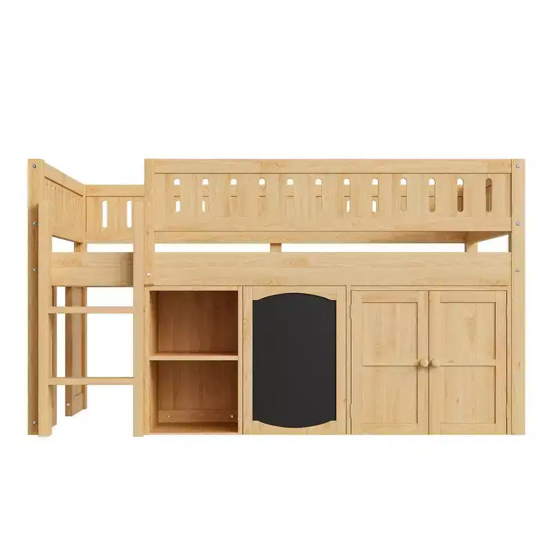 Lit mezzanine Whisen de taille standard avec armoire de rangement et tableau noir, peu encombrant et élégant