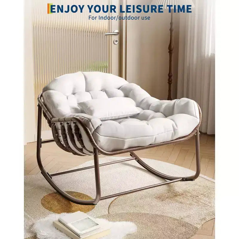 Fauteuil à bascule Papasan d'extérieur, chaise longue en osier surdimensionnée avec coussin et cadre en métal, fauteuil à bascule en rotin pour balcon, jardin, porche, chambre à coucher