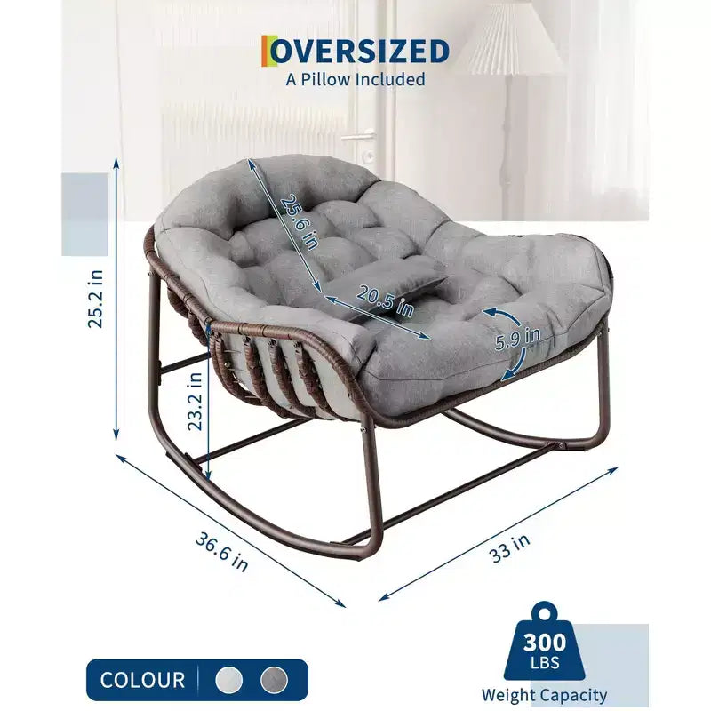 Fauteuil à bascule Papasan d'extérieur, chaise longue en osier surdimensionnée avec coussin et cadre en métal, fauteuil à bascule en rotin pour balcon, jardin, porche, chambre à coucher