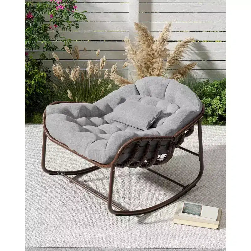Fauteuil à bascule Papasan d'extérieur, chaise longue en osier surdimensionnée avec coussin et cadre en métal, fauteuil à bascule en rotin pour balcon, jardin, porche, chambre à coucher