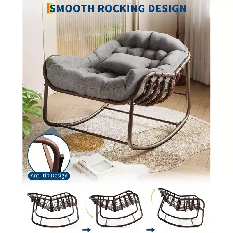 Fauteuil à bascule Papasan d'extérieur, chaise longue en osier surdimensionnée avec coussin et cadre en métal, fauteuil à bascule en rotin pour balcon, jardin, porche, chambre à coucher