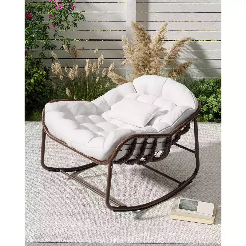 Fauteuil à bascule Papasan d'extérieur, chaise longue en osier surdimensionnée avec coussin et cadre en métal, fauteuil à bascule en rotin pour balcon, jardin, porche, chambre à coucher
