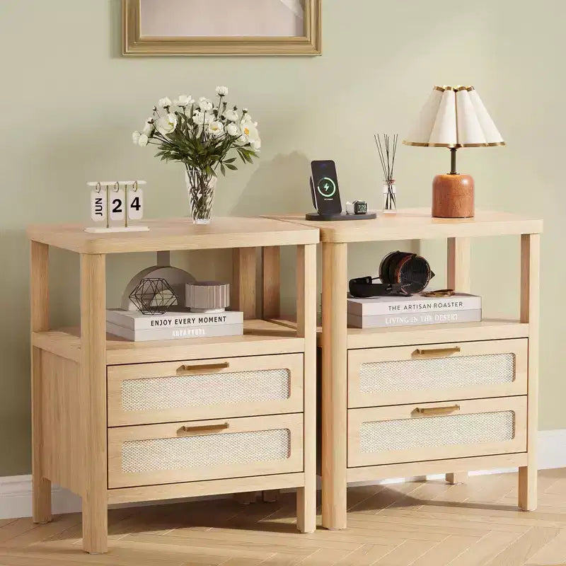 COZONY Lot de 2 tables de chevet, tables de nuit en rotin avec tiroirs et étagère de rangement, tables d'appoint étroites de style ferme pour chambre à coucher