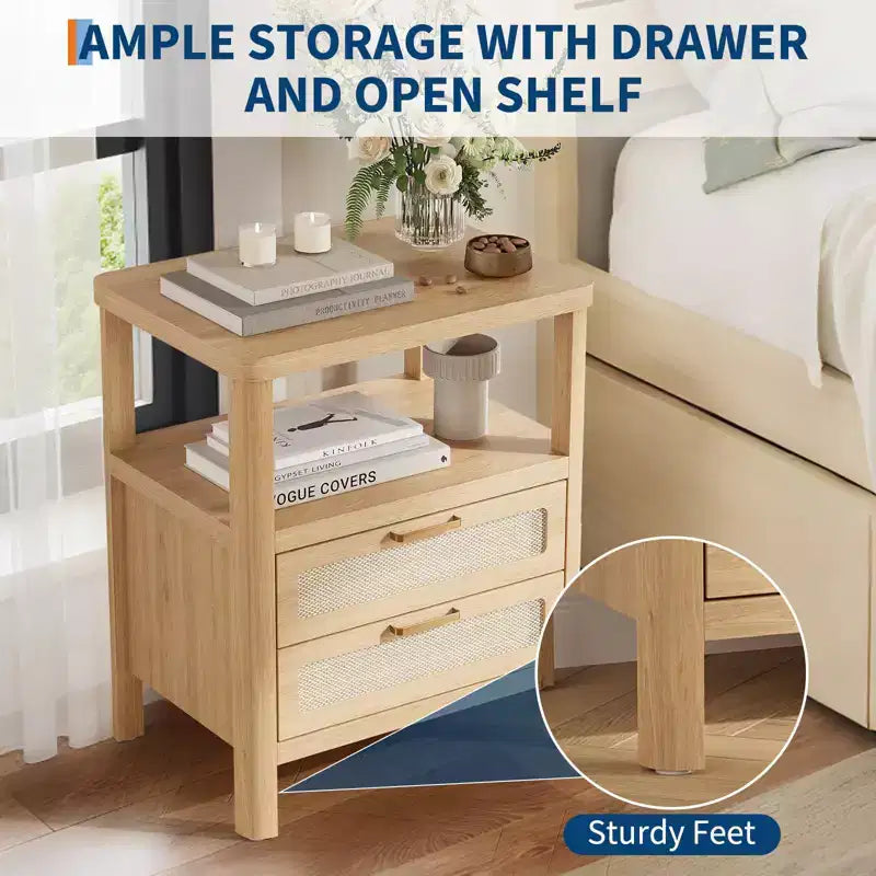 COZONY Lot de 2 tables de chevet, tables de nuit en rotin avec tiroirs et étagère de rangement, tables d'appoint étroites de style ferme pour chambre à coucher