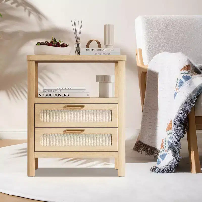 COZONY Lot de 2 tables de chevet, tables de nuit en rotin avec tiroirs et étagère de rangement, tables d'appoint étroites de style ferme pour chambre à coucher