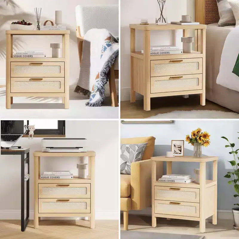 COZONY Lot de 2 tables de chevet, tables de nuit en rotin avec tiroirs et étagère de rangement, tables d'appoint étroites de style ferme pour chambre à coucher