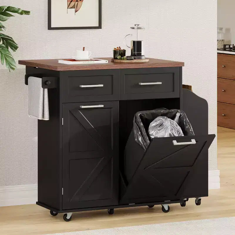 Îlot de cuisine Okak Farmhouse avec abattant, Desserte de cuisine avec étagères latérales amovibles et porte-serviettes, Desserte de cuisine pour la maison