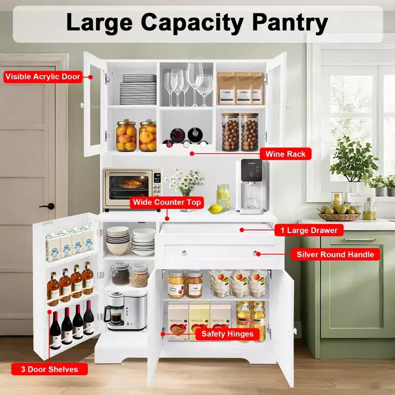 68 Inch Tall Kitchen Pantry Cabinet, Modern White Stand with Doors, Wine Racks, Door Shelves, Drawer Storage for Dining Room Living Room