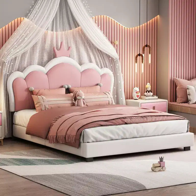 Lit princesse double/grand avec tête de lit couronne, cadre de lit plateforme en cuir PU rose pour chambre d'enfant