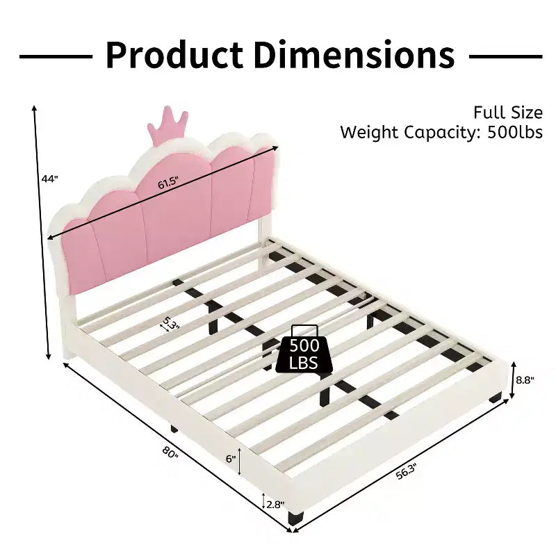 Lit princesse double/grand avec tête de lit couronne, cadre de lit plateforme en cuir PU rose pour chambre d'enfant
